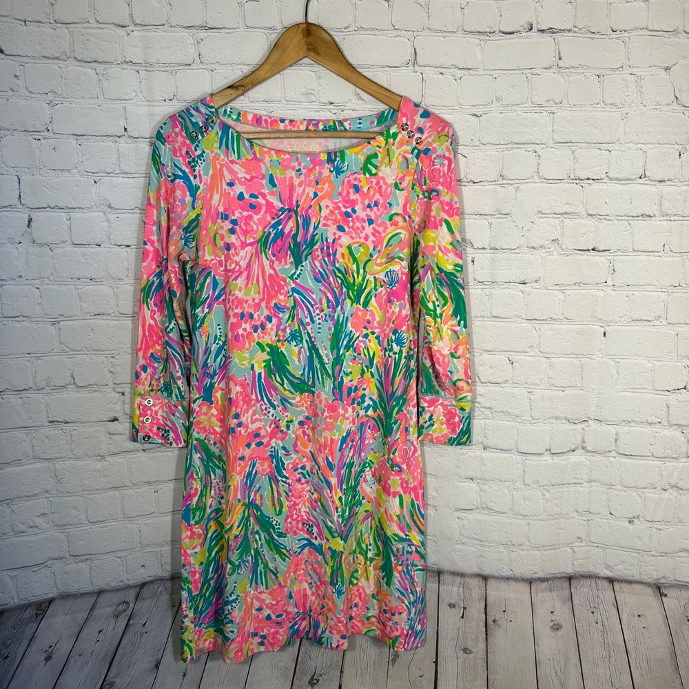 Lilly Pulitzer Sophie Dress Pink Blue Floral Boatneck 3/4 Sleeve 17412 Small